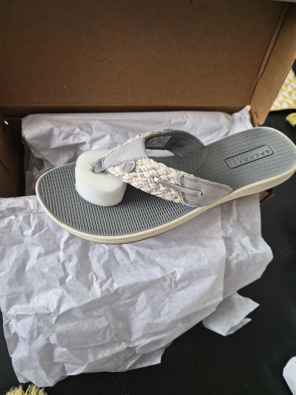 Sperry Women's Light Gray Braided Thong Sandal with Cream Braid